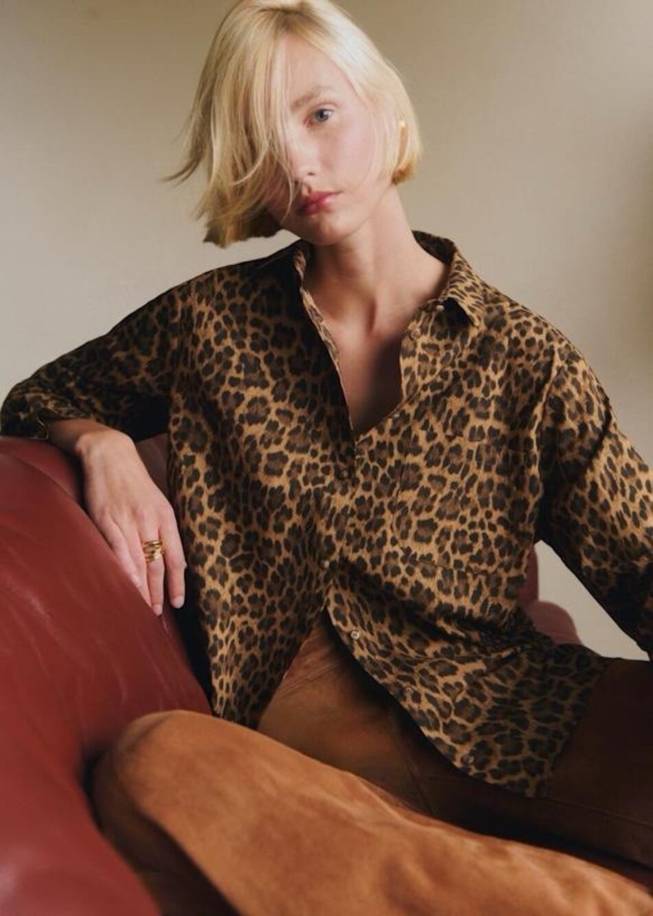 Sezane Silk Camel Brown Tan Leopard Relaxed Max Button Up Shirt US 14 FR 46